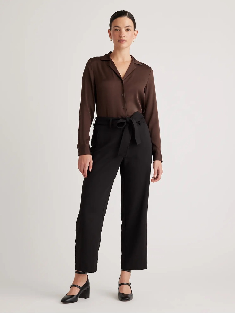 QUINCE Washable Three Quarter Sleeve Silk Shirt in Hot Fudge Brown